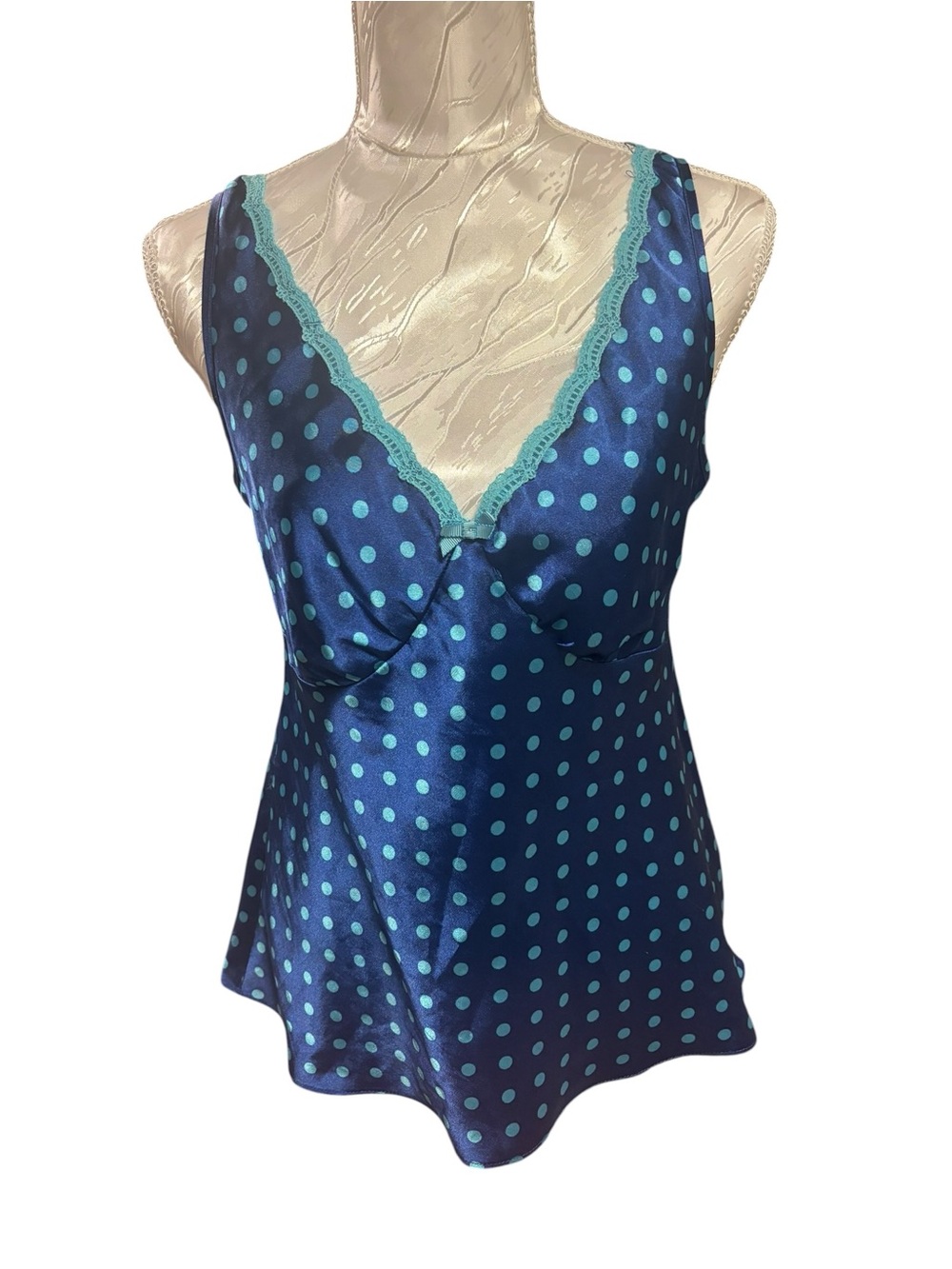 Gilligan & O'Malley Navy Satin Polka Dot Lace-Trim Tank